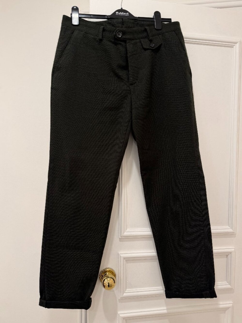 Oliver Spencer Men's Black Textured Twill Trousers Extended Tab Tailored Pants